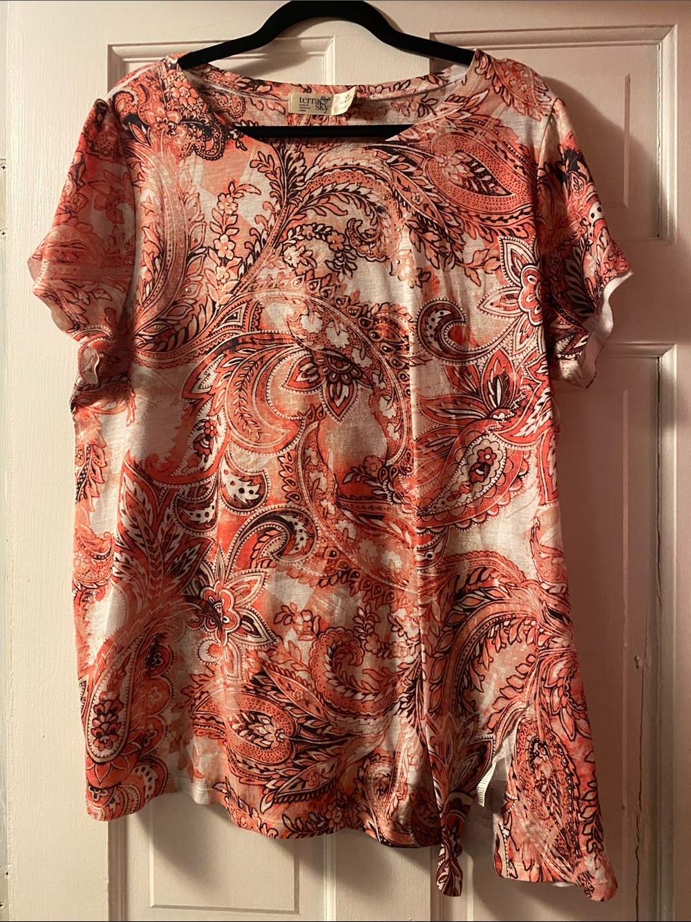 women's short sleeve Paisley shirt w studs embellishment peach,oranges and brown